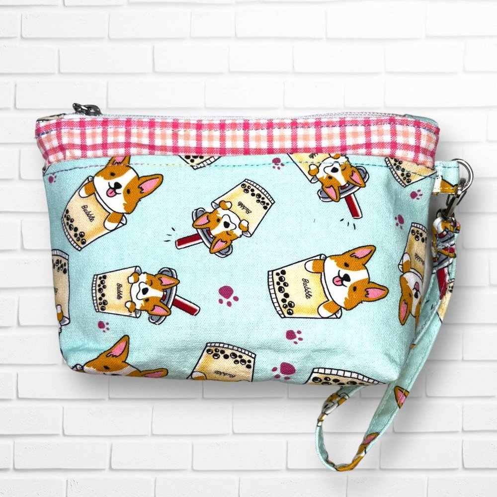 Kawaii Bubble Tea Corgi Themed Wristlet Zipper Pouch